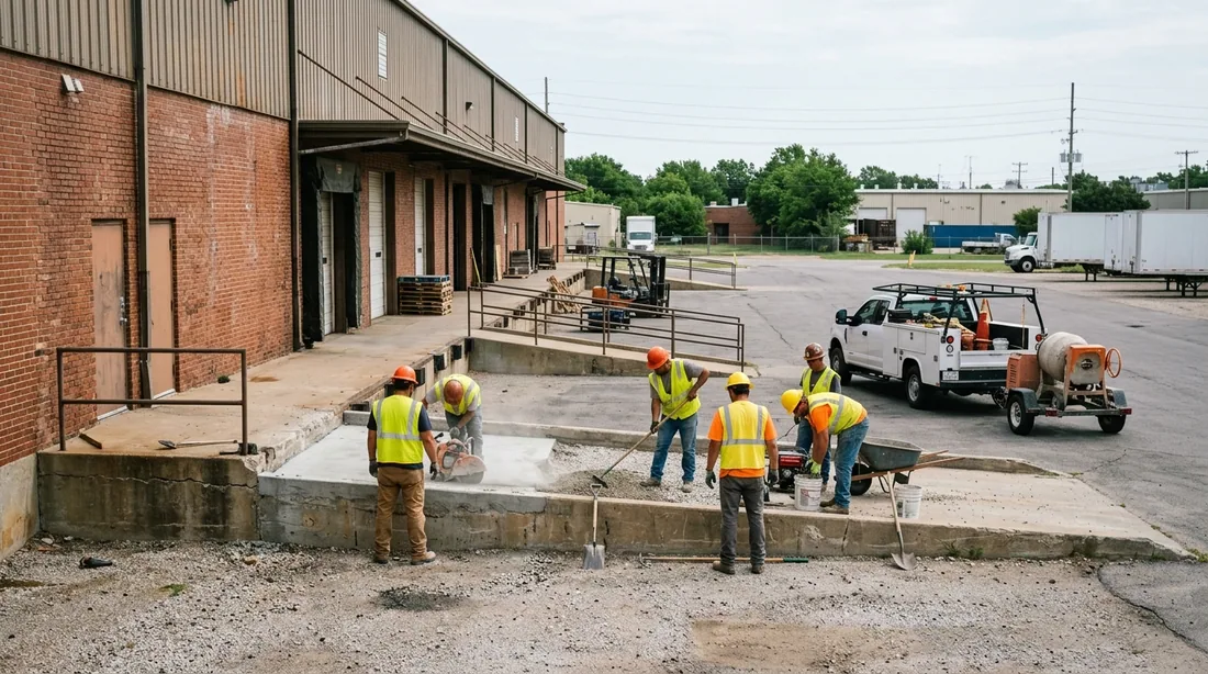 A small professional crew working on a loading dock repair job at a property, seen from behind and — Wichita, KS